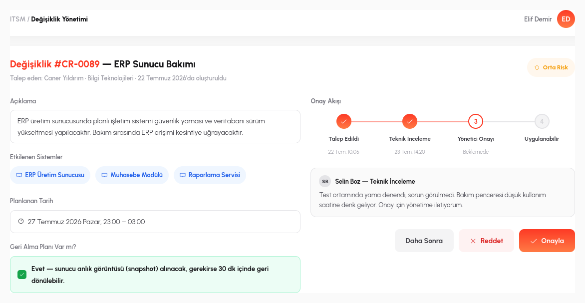 ITSM — değişiklik onay ekranı
